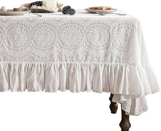 patdrea Vintage Ruffle Tablecloth for Square Tables,Farmhouse Embroidered Cotton White Lace Table Cloth Cover Decor for Dining Room Wedding Banquet Thanksgiving Christmas,67"*67"