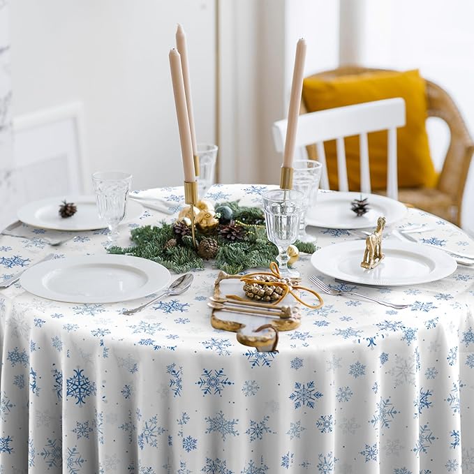 12 Pieces Christmas Snowflake Plastic Party Tablecloth Decorations,Disposable Blue Snowflake White Xmas Round Table Cover Backdrop for Winter Christmas Holiday Party Supplies,84 inch (Blue White)