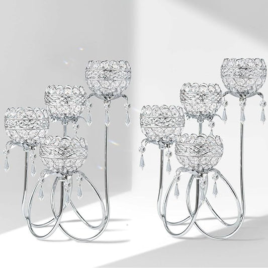 4 Arms Crystal Candelabra Tealight Holder - Tall 15.7 Inch Elegant Tabletop Centerpiece with Crystal Pendant Bowls & Artistic Metal Stand for Wedding, Dining Table, Home Decor (2, Silver)