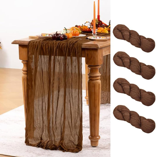Brown Cheesecloth Table Runner Tan 4 Pack Fall Table Runners Boho Gauze 120 Inches Marron Cheese Cloth Fall Table Decorations for Thanksgiving Wedding Bridal Baby Shower Tea Party Decor