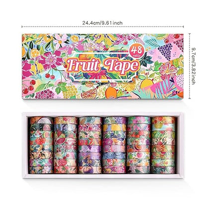 48 Rolls Fruit Theme Washi Tape Set, Writable Decorative Tapes for Scrapbooking, Bible Journaling, Bullet Journaling, 0.39"x79" per Roll