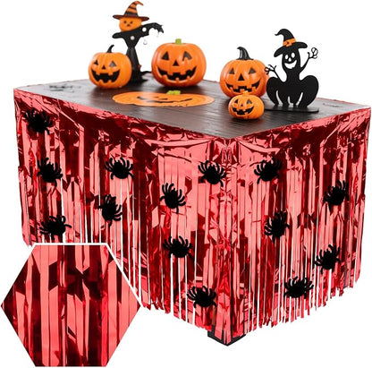 28x106 Inch Red Sequin Tablecloth for Halloween Decorations, Metallic Tinsel Foil Fringe Table Skirt, Rectangle or Round Tables Decor, Table Cover, Spider Decorations for Halloween Party