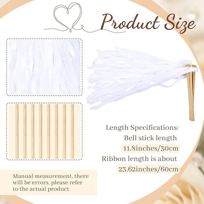 Taiyin 150 Pcs Lace Ribbon Stick Wands Wedding Wand Streamers with Bell Silk Ribbon Fairy Wand Wedding Send Off Streamer for Baby Shower Holiday Party Favors(White)