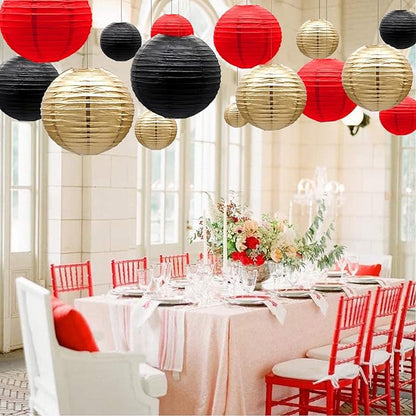 ADLKGG Paper Lanterns Decorations, Red Black Gold Hanging Round Paper Lanterns for Graduation, BBQ Party Supplies, Mickey Mouse Themed Birthday, Pirate Theme Casino Poker Party Decor Set of 21