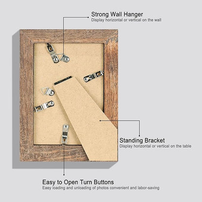 5x7 Picture Frame Set of 4, High Definition Real Glass Rustic Brown Frame, 5 x 7 Wood Photo Frames for Tabletop Display and Wall Mounting