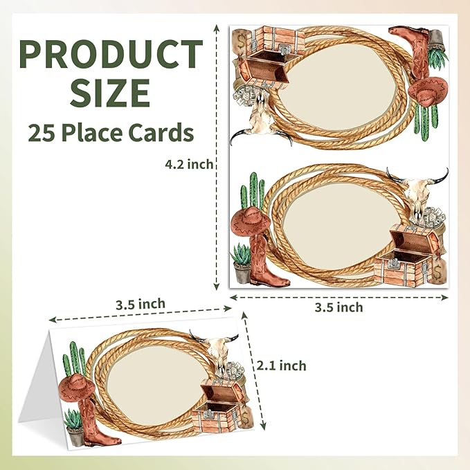 25 Western Cowboy Place Cards for Table Seating, Birthday Name Place Card, Tent Cards for Baby Shower Reception Dinner Party Decorations -A30