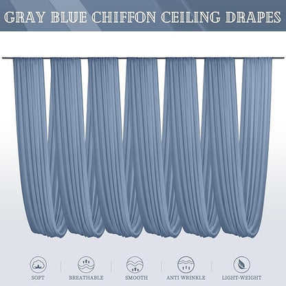 6 Panels Dusty Blue Ceiling Drapes for Wedding 5ftx30ft Chiffon Fabric Arch Draping Curtains Sheer Drapery for Party Ceremony Birthday Baby Shower Reception Stage Swag Ceiling Decorations