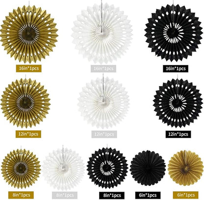 BEISHIDA Black Gold White Hanging Honeycomb Round Paper Fans Decoration Set for New Year Baby Shower Birthday Wedding Bachelorette Photo Booth Backdrops Anniversary Paper Party Supplies（11packs）