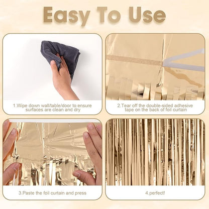 4 Pack Champagne Foil Fringe Backdrop Curtains, Tinsel Streamers Birthday Party Decorations, Fringe Backdrop for Graduation, Baby Shower, Gender Reveal, Disco Party