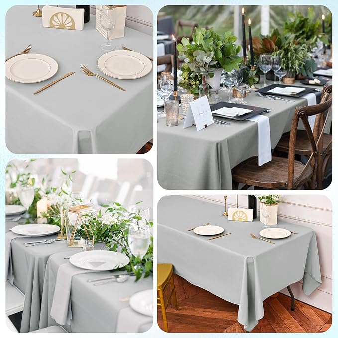 6 Pack Light Grey Rectangular Tablecloths, 60 x 126 Inch, Polyester/Fabric, Wrinkle & Stain Resistant, Classic Style, Perfect for 8ft Tables, Weddings, Banquets, Parties