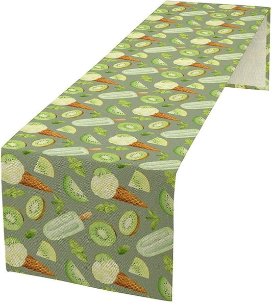 Summer Ice Cream Popsicles Table Runner, Watercolor Green Kiwi Seasonal Fruit Sweet Dessert Dinner Runner for Party Holiday Home Kitchen Dining Table Decor 13"x90"