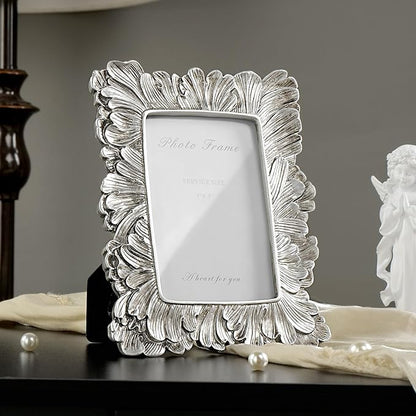 4x6 Silver Picture Frame, Vintage Silver Palm Leaves Textured Hand-Crafted Resin Frames with Glass Front, Elegant Retro Rustic Design Photo Frame for Wall and Tabletop Display Home Decor