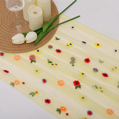 BINBE 12pcs Daisy Fall Table Runner Embroidery Gauze 10FT Florals Seasonal Tulle Holiday Birthday Kitchen Dining Table Decor for Home Party Yellow