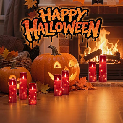 Raycare Flameless Candle with Remote Timer – 9 Flickering Acrylic Battery Operated LED Pillar Candles with Embedded Star String for Halloween, Home Decor, and as a Gift (Red)