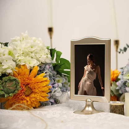 NahNah Double Sided Standing Picture Frames - (Gold, 10 Count) 4x6 Inch, Plastic Pedestal Photo Frame with Inserts and Base - 2 Sided Tabletop Vertical Display Frame for Wedding Table Bridal