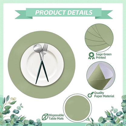 50 Pieces Sage Green Paper Place Mats Sage Round Disposable Table Mats Green Paper Doilies Decorative Placemats for Wedding Banquet Party Home Dining Tableware Decor