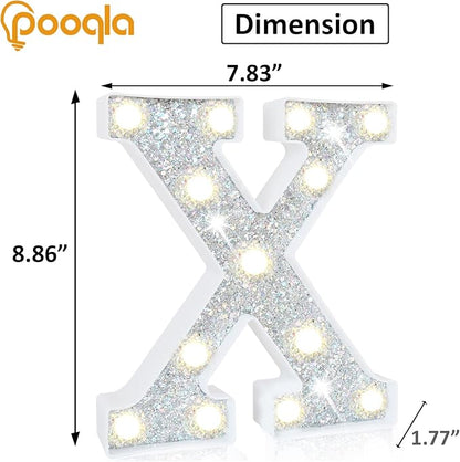 Pooqla Light Up Letters, LED Marquee Letters for Silver Birthday Decorations, Battery Powered Night Light Teenager Girl Room Decor, Gift for Girls Boys Wedding Bedroom Christmas Party Decor, Letter X