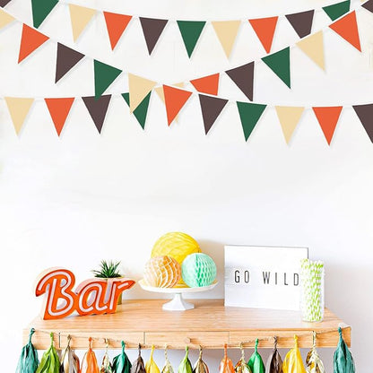 32Ft Orange Green Brown Party Decorations Triangle Flag Pennant Bunting Fabric Garland for Jungle Safari Animal Party Zoo Themed Wild One Forest Baby Shower Fall Wedding Birthday Decoration
