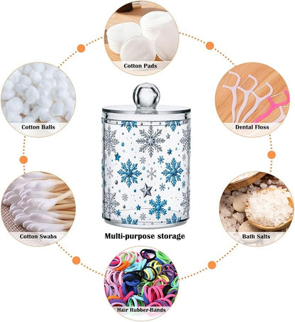Gredecor Christmas Winter Qtip Holder Dispenser 4 Pack Silver Blue Glitter Snowflakes Apothecary Jars with Lids Bathroom Vanity Countertop Canister Storage Organizer for Cotton Ball,Swabs,Pads,Floss