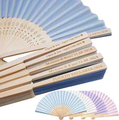 20 Pcs Personalized Light Blue Folding Hand Fans, Summer Wedding Fans, Personal Handheld Folding Fans Wedding Favors, Custom Imitated Silk-Bamboo Fans for Guests