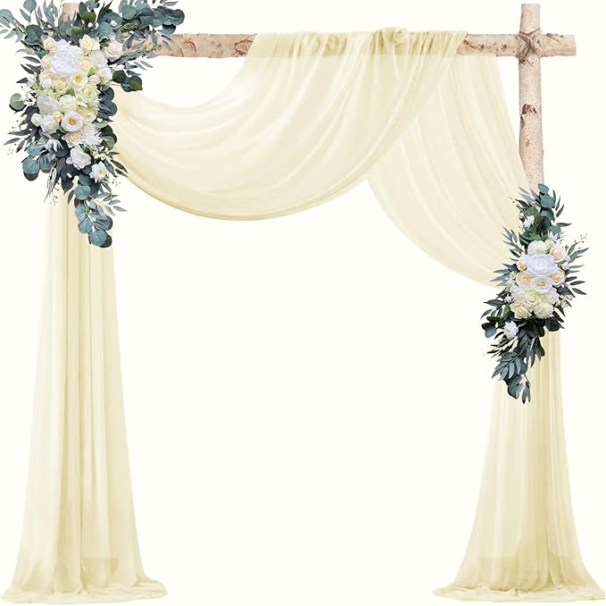 VOK Wedding Arch Draping Fabric Chiffon Curtains, 29in x 18Ft Sheer Chiffon Outdoor Curtain for Wedding Ceremony Birthday Party Decoration (Light Yellow,4 Panel)