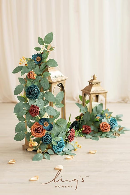 Ling's moment 2Pack 2ft Artificial Flowers Garland Teal Blue & Terracotta Lantern Flower Centerpieces Wedding Aisle Decor Chair Flowers Arch Floral for Pew Signs DIY Table Wall Window Decoration