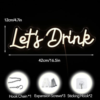 Let's Drink Neon Sign,Bar Neon Sign For Wall Decor,Warm White Led Signs Usb Powered,Living Room Decor, For Adult Boys Girls Bedroom Restaurant Hotel Party Birthday(16.5x4.7in)