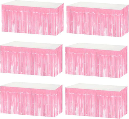 6 Pack 29x108 Inch Metallic Foil Fringe Tinsel Table Skirts Banner for Rectangle Tables Streamer Garland Curtains Backdrop for Birthday, Parade Floats, Valentine's Day Party Decoration(Macaron Pink)