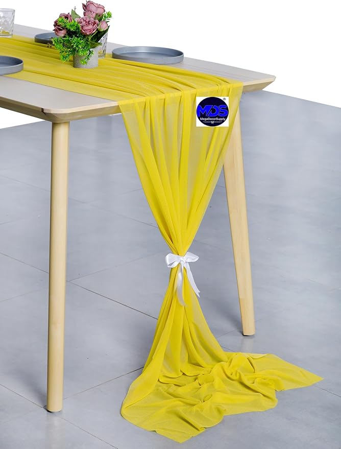 MDS Halloween Chiffon Table Runner - 12 Pack, 29 x 170 Inches, 14ft Each - Sheer Spooky Table Runners for Haunted House Parties, Trick-or-Treat Tables, Witchy Décor, Wedding & Events - Yellow