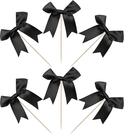 24 PCS Bow Cupcake Toppers Bowknot Cake Toppers Bow Cupcake Picks Bowknot Birthday Party Decorations Bow Cake Dessert Picks for Wedding Bridal Engagement Baby Shower Birthday Party Supplies Black