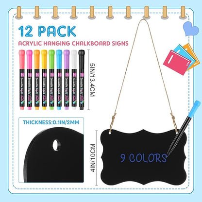 12 Pcs 4 x 6 Acrylic Chalkboard Hanging Sign with Chalk Markers Chalk Board Signs with Hanging String for Wedding Kitchen Home Party Decoration (Arrow)