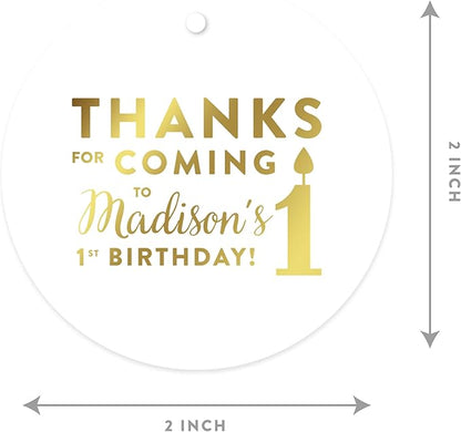 Andaz Press Personalized Round Circle Birthday Gift Tags, Metallic Gold Ink, Thanks for Coming to My 1st Birthday, 24-Pack, Custom Made Name