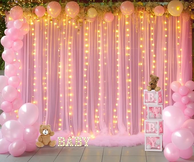 Pink Tulle Backdrop Curtains with Lights String for Parites 20ft×8ft Pink Sheer Backdrop Curtains for Baby Shower Girls Bridal Shower Birthday Party Photo Shoot Decorations(4 Panels 5×8ft)