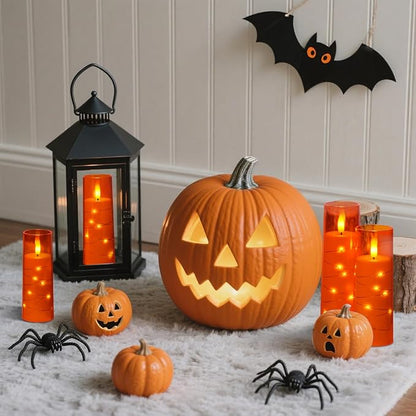 Raycare Flameless Candle with Remote Timer – 9 Flickering Acrylic Battery Operated LED Pillar Candles with Embedded Star String for Halloween, Home Decor, and as a Gift (Orange)