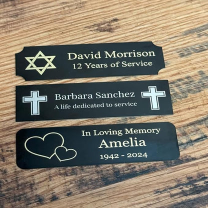 GEM AWARDS Custom Engraved Name Plate with Adhesive, Made in USA, Personalized Pet Memorial Plaque, Art Tag, Flag Case (Black Plate/Gold Text, 1x3 Inch)
