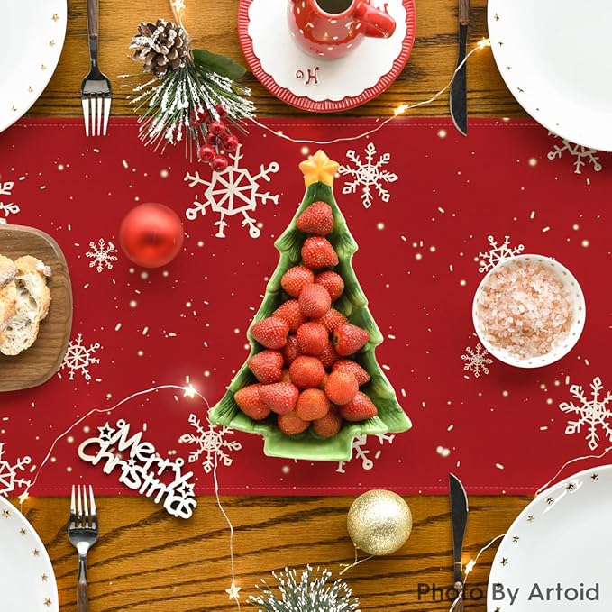 Artoid Mode Red Snowman Snowflake Let it Snow Winter Table Runner, Seasonal Christmas Kitchen Dining Table Decoration for Home Party Decor 13x36 Inch