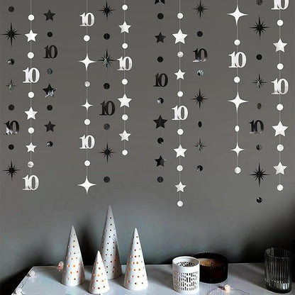 Silver Black 10th Birthday Decorations Number 10 Circle Dot Twinkle Star Garland Metallic Hanging Streamer Backdrop for Girls Boys Double Digits Ten Years Old Birthday 10th Anniversary Party Decor