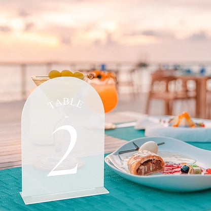 JOYIT Frosted Arch Wedding Table Numbers 1-50 with Stands – 5" X 7" Acrylic Sign Table Number Holders, Perfect for Wedding Receptions, Parties, Anniversaries, and Events