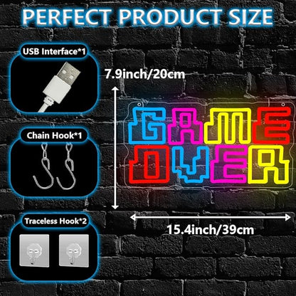 Game Room Neon Sign,Game Over Dimmable LED Light Signs for Wall Art Decor,Gamer Backdrop for Bedroom Club Party Man Cave,Gaming Gift for Boys Teen Men USB Powered（15.4"*7.9"）