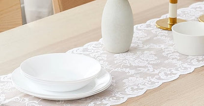 LinenZone White Table Runner with 2 Tassels for Rustic Vintage Decor. Lace Table Runner Works Great As Wedding, Thanksgiving, Christmas Decor(Mia 14 x 48, White)