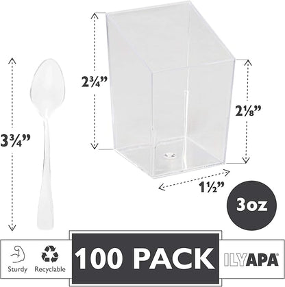 Ilyapa 3oz Plastic Dessert Cups - 100 Pack Mini Dessert Cups with Spoons - Small Clear Reusable for Cheesecake Shooters, Chocolate Mousse, Parfait - Party and Catering Supplies - Slanted