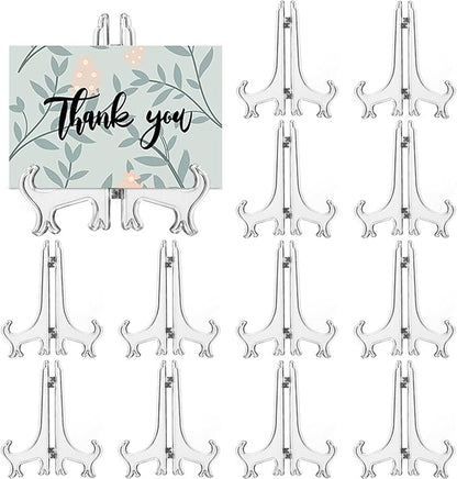 12 Pack 4 Inch Clear Plastic Easels or Stand/Plate Holders to Display Pictures or Other Items at Weddings, Plate Stands for Home Decoration, Birthdays, Tables