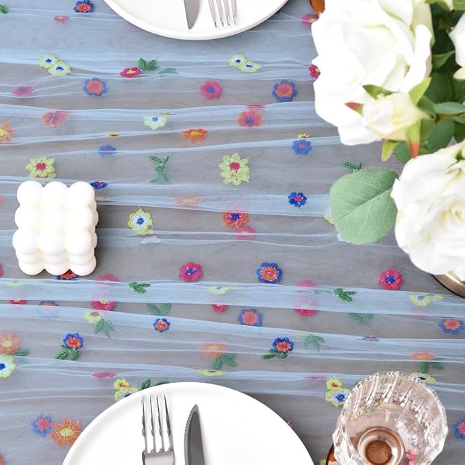 Joanlody 3pcs Blue Embroidery Daisy Fall Thanksgiving Table Runner Florals Seasonal Tulle Table Runner Holiday Kitchen Dining Table Decoration Wedding Party