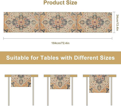 Bohemia Orange Table Runner, Rustic Farmhouse Vintage Geometric Floral Print Table Cover for Home Kitchen Dining Table Party Decor, 13x70inch