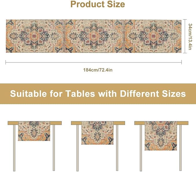 Bohemia Orange Table Runner, Rustic Farmhouse Vintage Geometric Floral Print Table Cover for Home Kitchen Dining Table Party Decor, 13x108inch