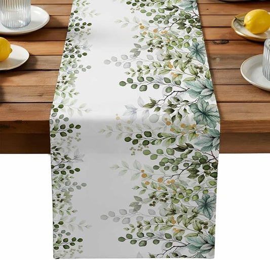 Sage Green Eucalyptus Cotton Linen Table Runner for Dining Kitchen, Farmhouse Leaves Wedding Outdoor Party Tablerunners Decoration Botanical Floral Dresser Scarf Coffee Tablecloth Runners 13x90 Inches