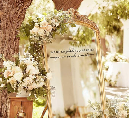 Wedding Sign Decal, Seating Chart, Welcome Vinyl Wedding Mirror Decal, We're So Glad You're Here Seating Chart, Your Seat Awaits (Black, Width 17 inch)