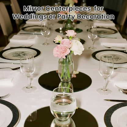 Round Mirror Centerpieces, Set of 12 Pcs 12" Round Glass Mirror Centerpieces for Tables, with Anti Slip Pads, Glass Trays for Wedding Decorations, Parties, Baby Shower Party