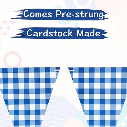 2 Pieces Blue Checkered Flags Banner, Double Sided Blue and White Gingham Bunting Garland for Summer BBQ Picnic Wedding Baby Shower Birthday Party Decorations Supplies
