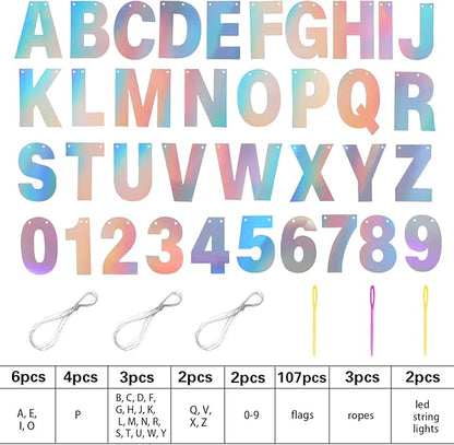 TaoBary 112 Pcs DIY Letter Kit Glitter Customizable Banner Letters Include 107 Letters and Numbers 3 Rope and 2 Needles for Birthday Halloween Christmas Wedding Valentine Party Decor(Holographic)